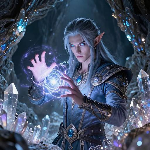 Digital fantasy artwork of a silver-haired, blue-eyed elf casting a glowing blue magical spell in a crystal-filled, dark cave.