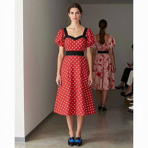 Woman in Red Polka Dot Dress in Hallway