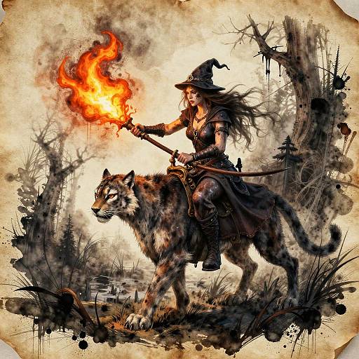 Digital fantasy artwork: Witch with long black hair and pointed hat rides a wolf, casting a fiery spell in a dark, forested, smoky background