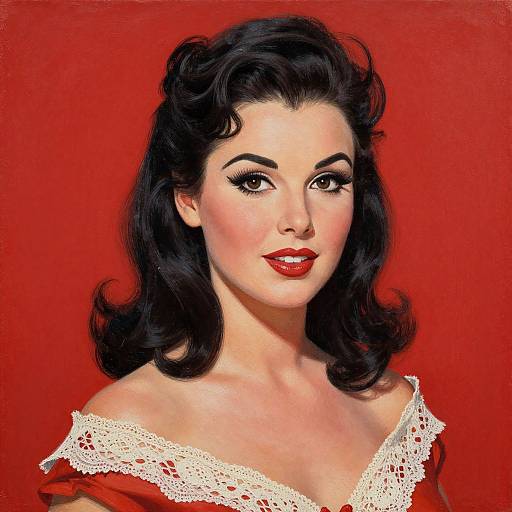 Vintage-style portrait of a fair-skinned woman with black wavy hair, red lipstick, and a red dress with white lace trim, set against a