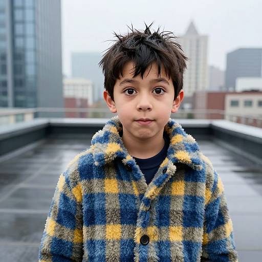Photograph of a young boy with messy black hair, wearing a blue, yellow, and gray plaid fleece jacket, standing on a rooftop with a