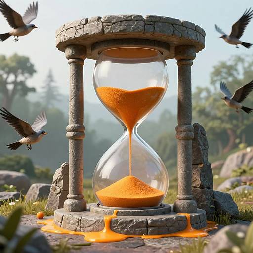 Digital artwork of an hourglass with flowing orange sand, set on stone pillars, surrounded by flying birds in a lush forest.