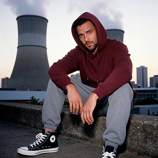 Photograph of a bearded man with light brown skin, wearing a maroon hoodie, gray sweatpants, and black Converse sneakers, sitting on