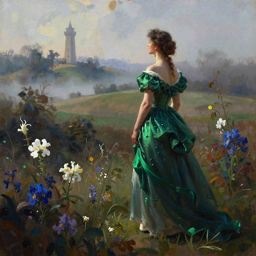 Painting of a woman in a green, off-shoulder dress, standing in a floral meadow, looking at a distant castle under a mist