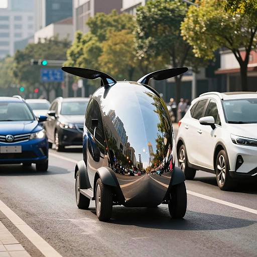 Futuristic Reflective Vehicle on Urban Street