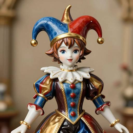 Photorealistic CGI of a jester with brown hair, blue and red jester hat, blue and gold costume, white ruffled collar, standing