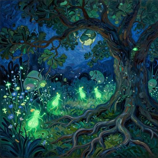 Whimsical digital painting of a glowing, enchanted forest at night with luminous green fireflies, a moonlit tree, and a sleeping owl.