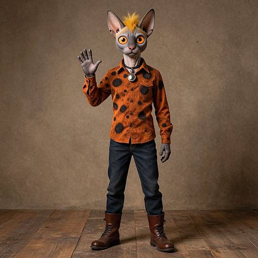 Photograph of a humanoid creature with gray fur, orange-spotted orange shirt, black jeans, brown boots, and yellow mohawk, waving against a