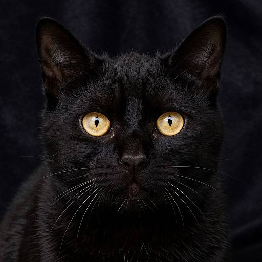 Close-up photograph of a black cat with striking, luminous yellow eyes, set against a dark, textured background.