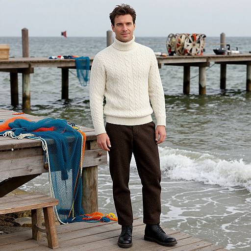 Photograph of a man with short dark hair, wearing a white turtleneck sweater and dark pants, standing on a wooden pier by the sea,
