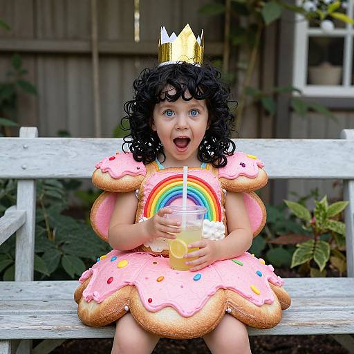 Photograph of a curly-haired toddler wearing a golden crown, rainbow dress with pink frosting, and holding a drink with a straw, sitting on a white