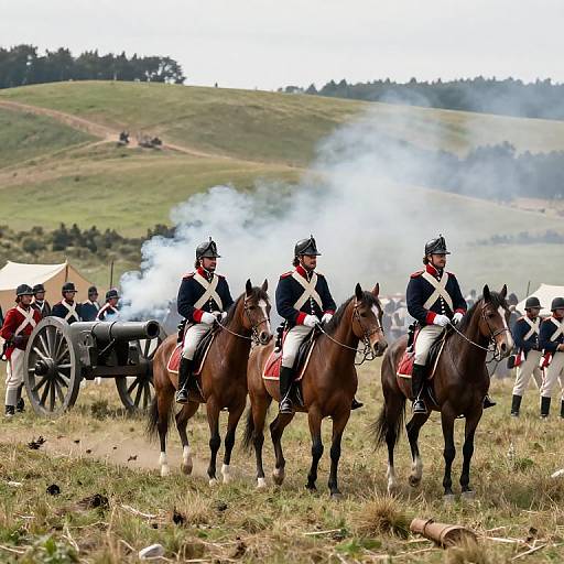 Photograph of three uniformed cavalrymen on brown horses, with smoke rising from a cannon in a grassy, hilly battlefield.