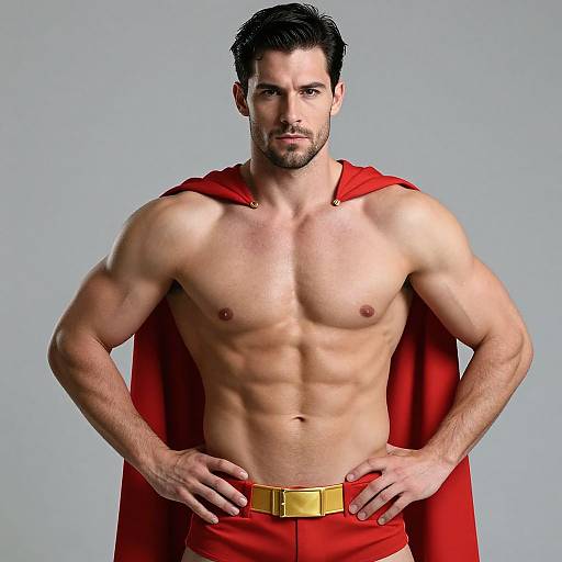 Photograph of a muscular, bearded man with short black hair, wearing a red cape and red pants with a yellow belt, standing confidently against a