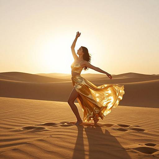 Silhouetted woman dancing in golden dress on sunlit desert, with flowing hair and raised arm, casting long shadow on sand dunes.