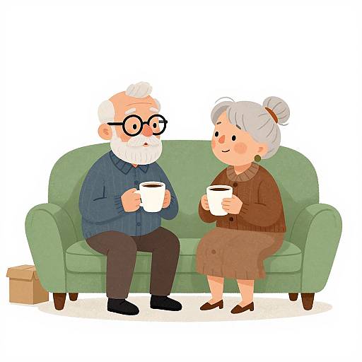 Cartoon of an elderly couple with white hair, glasses, and warm clothes, sitting on a green couch, holding white mugs.