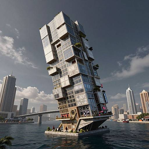 Futuristic Tilted High-Rise on Sea