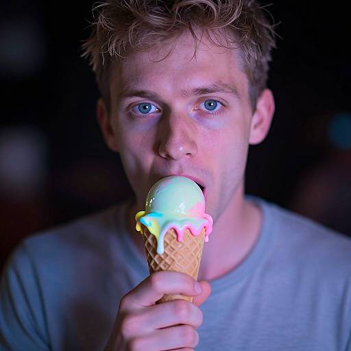 Photograph of a young man with light blue eyes and tousled brown hair, wearing a gray shirt, licking a colorful ice cream cone with pink,