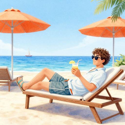 Photograph of a curly-haired man in sunglasses, white shirt, and blue shorts, lounging on a beach chair under orange umbrellas, holding a