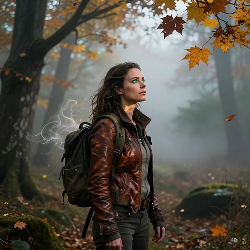 Photograph of a brunette woman with wavy hair, wearing a brown leather jacket and black pants, carrying a backpack in a misty autumn forest with