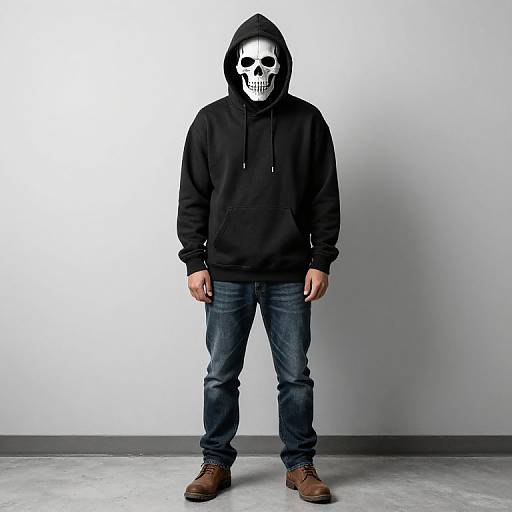 Photograph of a person wearing a black hoodie, blue jeans, brown boots, and a white skull mask with a hood, standing against a plain gray