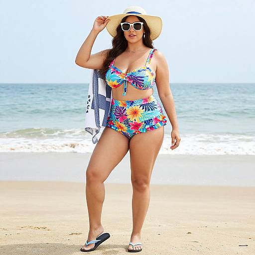 Photograph of a curvy woman with long dark hair, wearing a colorful floral bikini, straw hat, sunglasses, and flip-flops, standing on