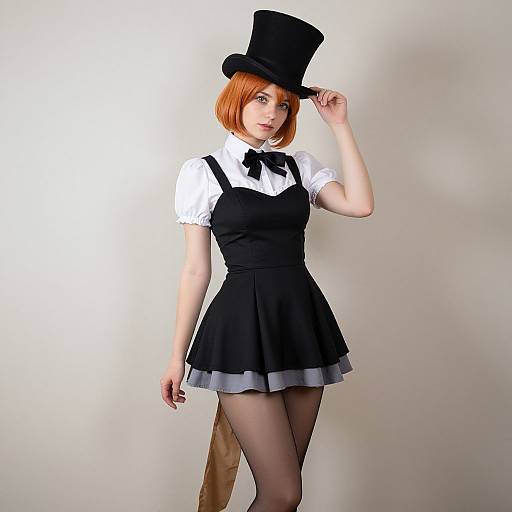 Photograph of a pale-skinned woman with red bob haircut, wearing a black dress, white blouse, black bowtie, black top hat, and