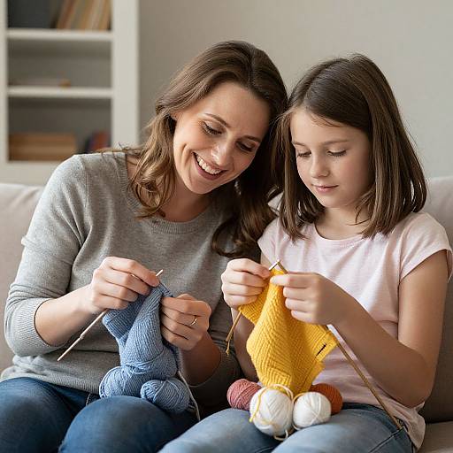 Photograph of a smiling woman and a young girl knitting together on a white couch, holding yarn in blue and yellow.
