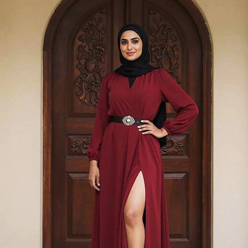 Photograph of a confident Middle Eastern woman with olive skin, black hijab, and red long-sleeve dress with thigh-high slit, standing in