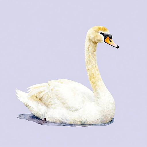 Photorealistic digital drawing of a white swan with a long neck, yellow-tinted head, and orange beak, floating on light blue