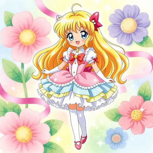 Anime-style digital drawing of a blonde girl with blue eyes, wearing a pink and white frilled dress, red bow, white gloves, and thigh-high