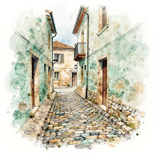 Watercolor Painting of Old Cobblestone Alley