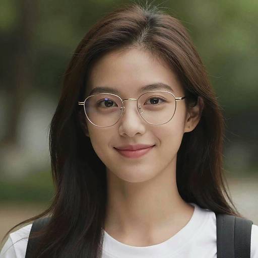Photograph of an Asian woman with long brown hair, wearing round gold-rimmed glasses and a white shirt, smiling subtly, set against a blurred