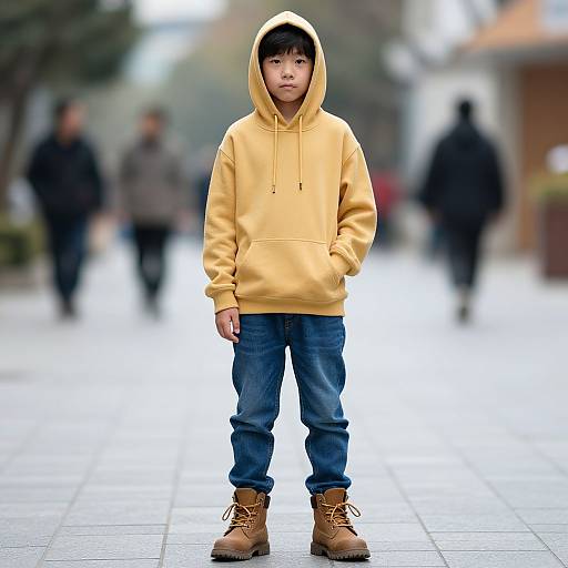 Photograph of a young boy standing in a blurred urban street, wearing a yellow hoodie, blue jeans, and brown lace-up boots.