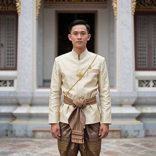 Photograph of an Asian man in traditional Thai attire: cream long-sleeve shirt, brown patterned pants, gold sash, standing in front
