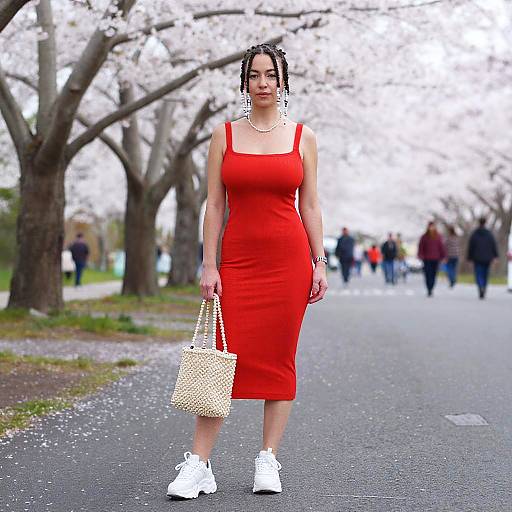 Hourglass Woman in Red Dress by Cherry Blossoms