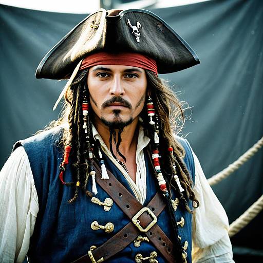Photograph of a stern, mustachioed man with long dreadlocks, wearing a black pirate hat, red headband, blue vest, white