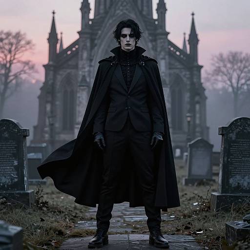 Photograph-style CGI of a dark-haired man in a long black coat and gloves standing in a foggy graveyard with a Gothic cathedral in the background.