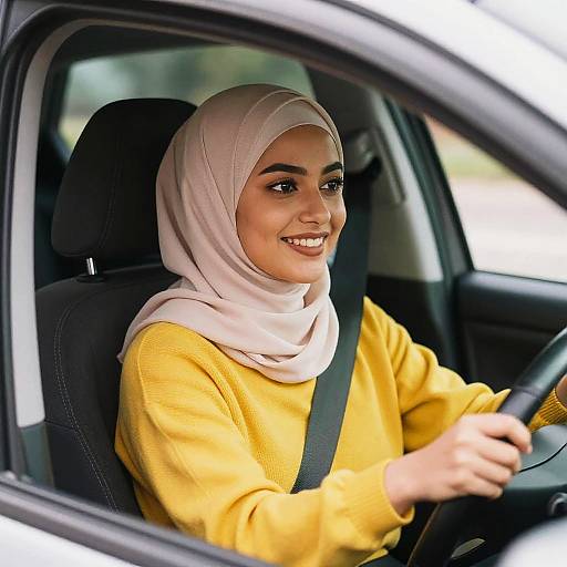 Smiling Woman Driving in Pink Hijab