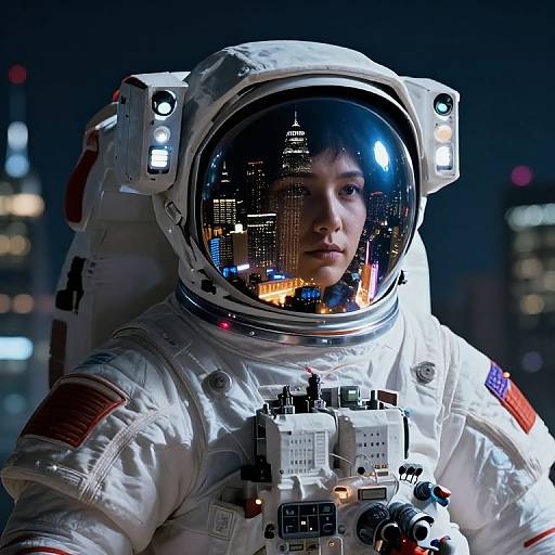 Photorealistic CGI of a serious astronaut in a white spacesuit with reflective helmet, equipped with gadgets, set against a dark, cityscape-lit