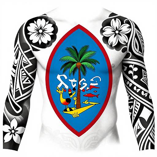 Photograph of a white shirt with black floral arm tattoos, featuring a blue shield with a palm tree and colorful tropical bird illustration.