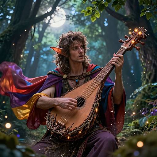 Fantastical forest elf with pointed ears, curly hair, and colorful cape, plays enchanted lute amidst glowing fireflies and lush greenery. Phot