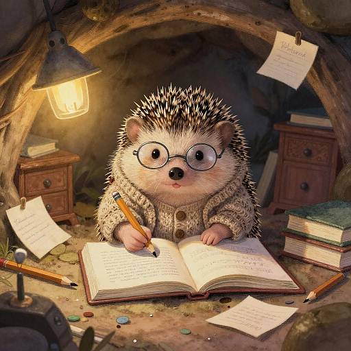 Whimsical digital illustration: Adorable hedgehog with glasses and a wool sweater writes in an open book under a hanging lamp in a cozy, cave