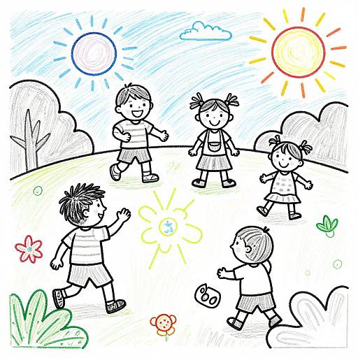 Colorful children's drawing of six happy kids playing outside on a sunny day, with trees, flowers, and a bright sun.