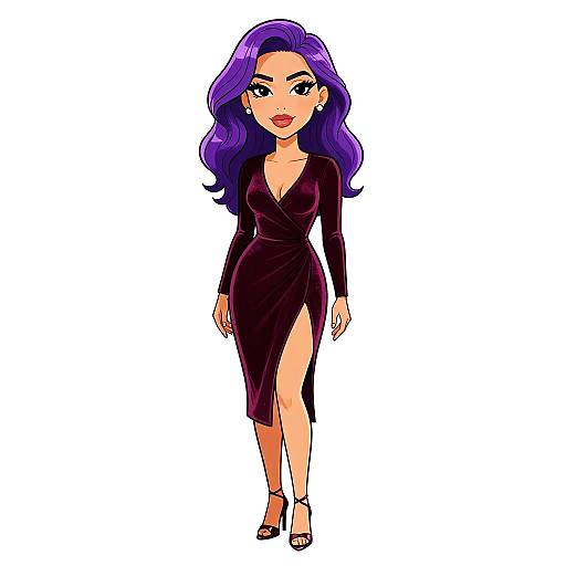 Digital illustration of a confident woman with long purple hair, wearing a form-fitting, deep purple, V-neck dress with a high slit, and black