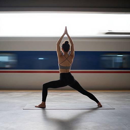 Photograph of a woman in a yoga studio, performing a Warrior II pose with arms overhead, wearing a sports bra and black pants, blurred train outside