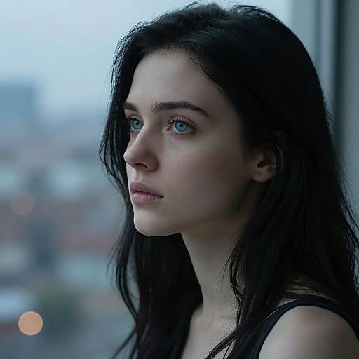 Photograph of a pale-skinned, blue-eyed, long-haired woman with dark hair, gazing thoughtfully out of a window, cityscape blurred