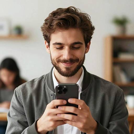 Smiling Bearded Man Holding Smartphone