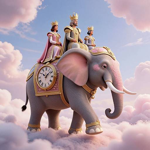 Digital illustration of three regal figures, wearing crowns and ornate robes, riding a majestic clock-faced elephant amidst pink clouds.