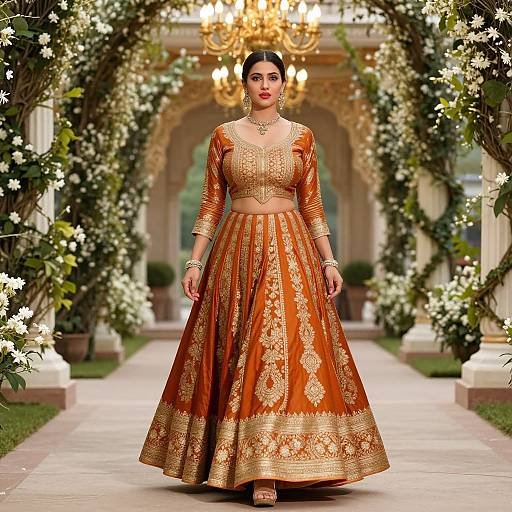 Photograph of a beautiful Indian woman in an orange and gold traditional lehenga, standing in a floral archway under a chandelier.