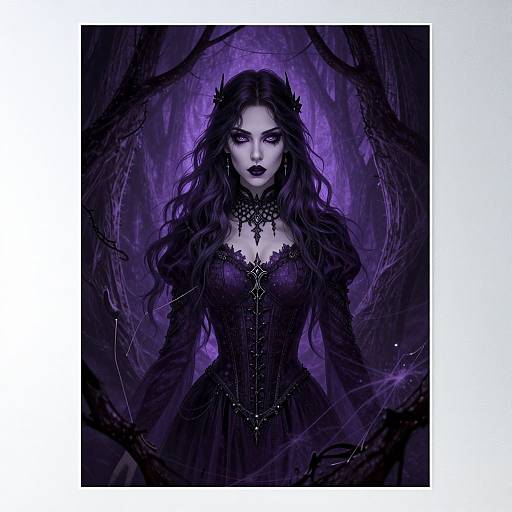 Digital fantasy artwork of a mysterious, dark-haired woman in a black, gothic lace dress, standing in a purple, eerie forest.